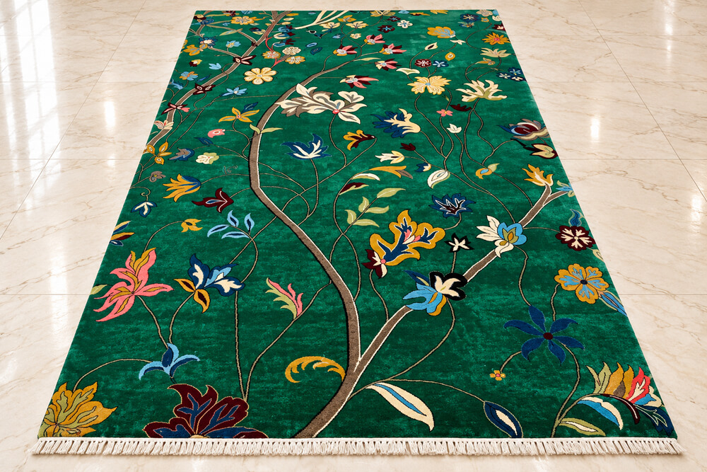 Emerald Bloom Tree-of-Life wool-silk rug with a green background, measuring 6 x 4 feet.