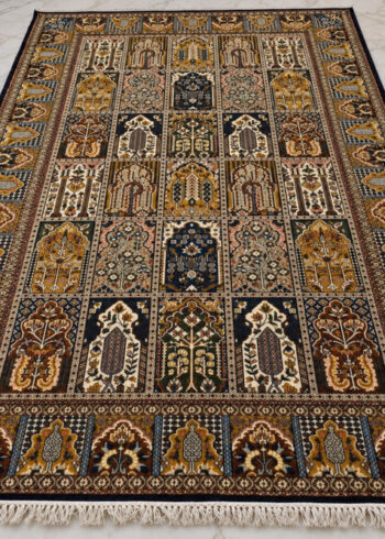 Heritage Gold Shalimar-Hamadan wool-silk rug with a dark navy blue background, measuring 6 x 4 feet.
