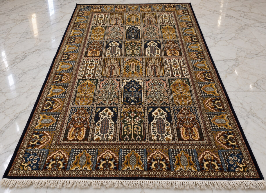Heritage Gold Shalimar-Hamadan wool-silk rug with a dark navy blue background, measuring 6 x 4 feet.