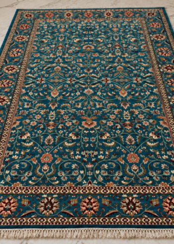 Jade Arabesque Shah Abbas wool-silk rug with a deep teal blue background, measuring 6 x 4 feet.