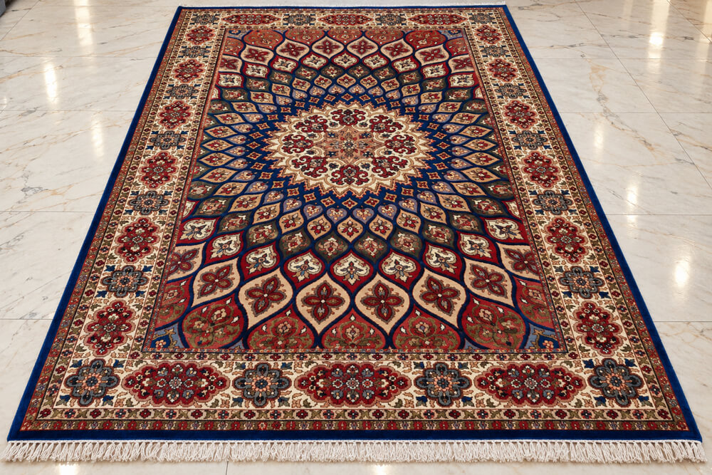Lapis Crimson Shahzaneen wool-silk rug with a blue background, measuring 6 x 4 feet.