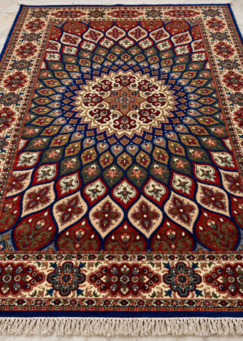 Majestic Lapis Shahzaneen wool-silk rug with a royal blue background, measuring 6 x 4 feet.