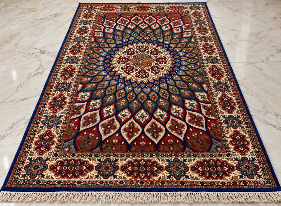 Majestic Lapis Shahzaneen wool-silk rug with a royal blue background, measuring 6 x 4 feet.