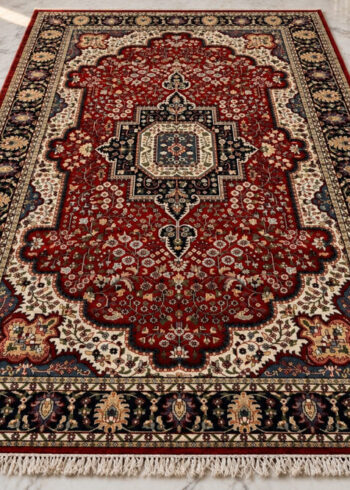 Mulberry Crest Qajar wool-silk rug with a deep crimson red background, measuring 6 x 4 feet.
