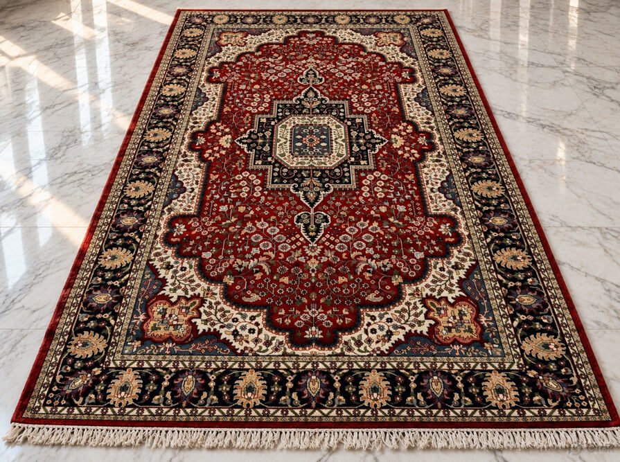 Mulberry Crest Qajar wool-silk rug with a deep crimson red background, measuring 6 x 4 feet.