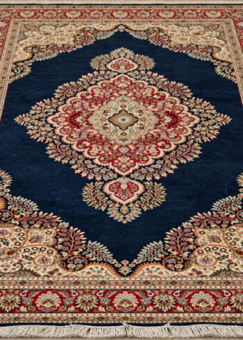 Navy Empress Sarbal wool-silk rug with a midnight navy blue background, measuring 6 x 4 feet.