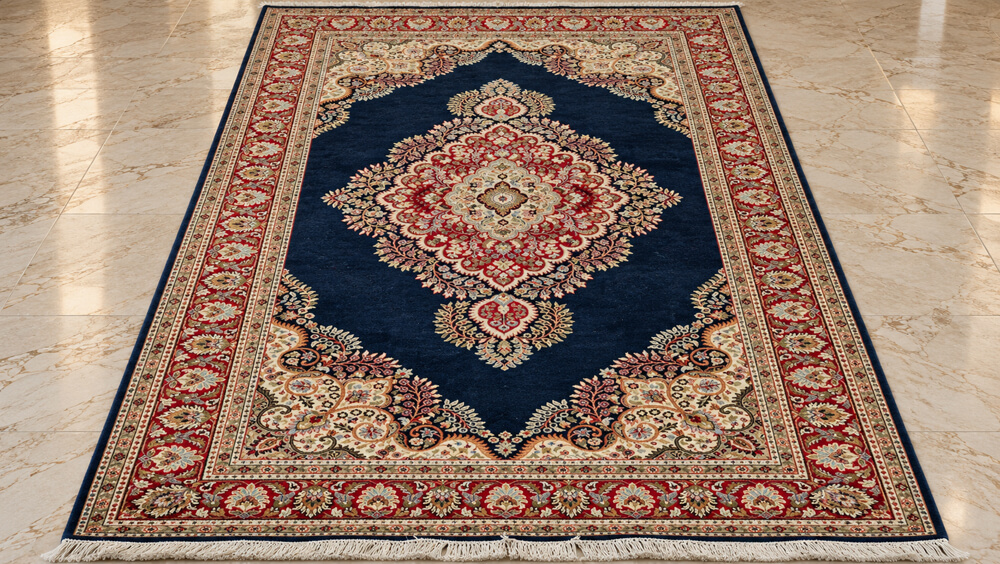 Navy Empress Sarbal wool-silk rug with a midnight navy blue background, measuring 6 x 4 feet.