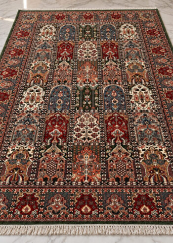 Persian Crimson Shalimar-Hamadan from the Zoon Collection. A unique, hand-knotted 6 x 4 foot wool-silk rug with a terracotta background, ready in stock.