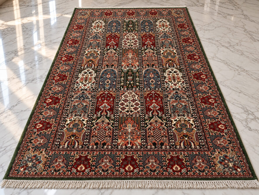 Persian Crimson Shalimar-Hamadan from the Zoon Collection. A unique, hand-knotted 6 x 4 foot wool-silk rug with a terracotta background, ready in stock.