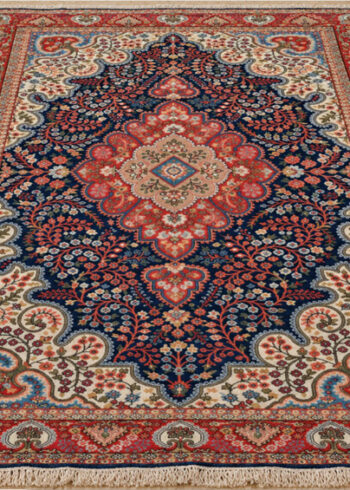Persian Nocturne Malayer wool-silk rug with a deep navy blue background, measuring 6 x 4 feet.