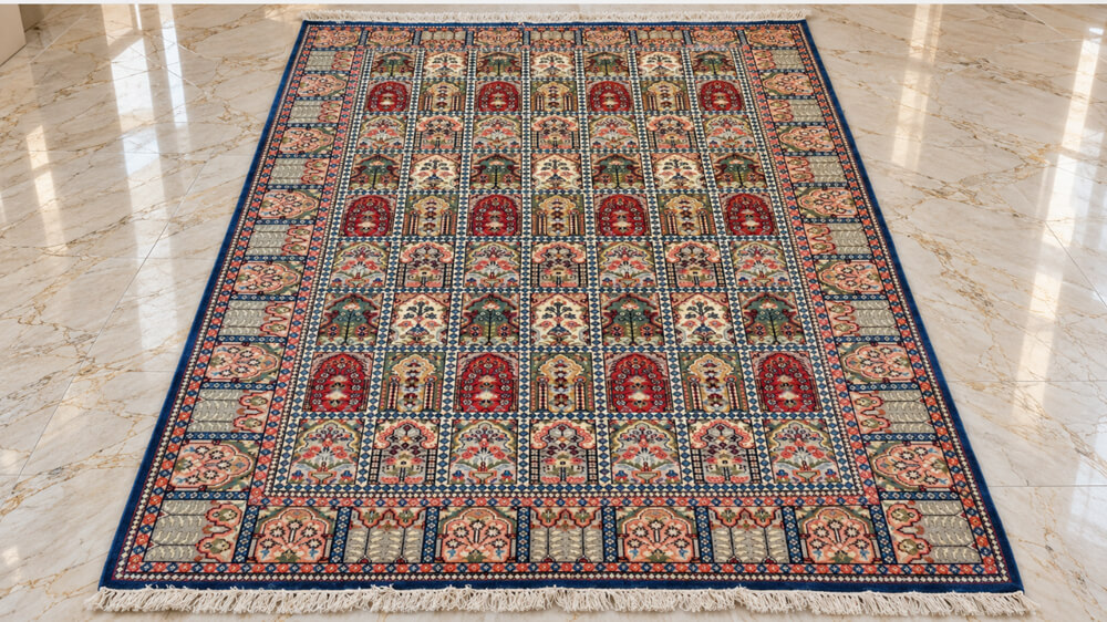 Persian Parterre Shalimar-Hamadan wool-silk rug with a light gray background, measuring 6 x 4 feet.