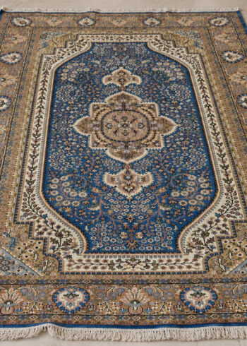Royal Lapis Farahan wool-silk rug with a dusty royal blue background, measuring 6 x 4 feet.
