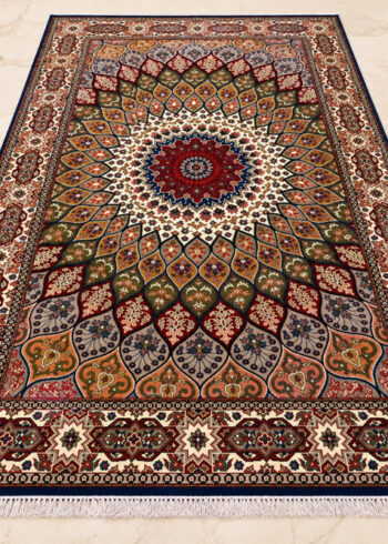Royal Olive Shahzaneen wool-silk rug with a blue background, measuring 6 x 4 feet.