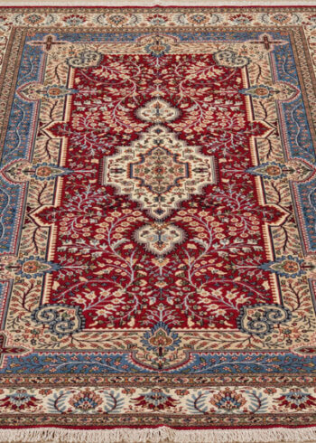 Ruby Pavilion Niriz wool-silk rug with a burgundy red background, measuring 6 x 4 feet.