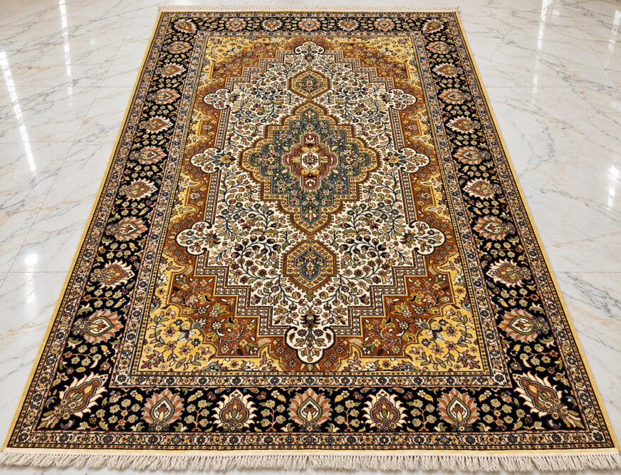 Saffron Dynasty Isfahan wool-silk rug with a beige background, measuring 6 x 4 feet.