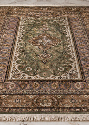 Sage Empress Birjand wool-silk rug with a sage green background, measuring 6 x 4 feet.