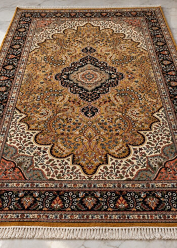 Tuscan Honey Kashan wool-silk rug with a gold background, measuring 6 x 4 feet.