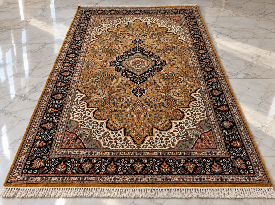 Tuscan Honey Kashan wool-silk rug with a gold background, measuring 6 x 4 feet.