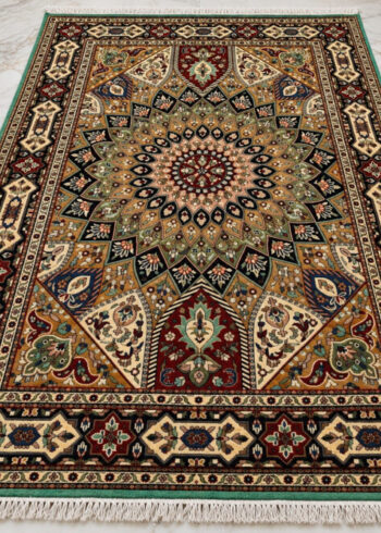 Verdant Crown Persian Gombad wool-silk rug with a sage green background, measuring 6 x 4 feet.