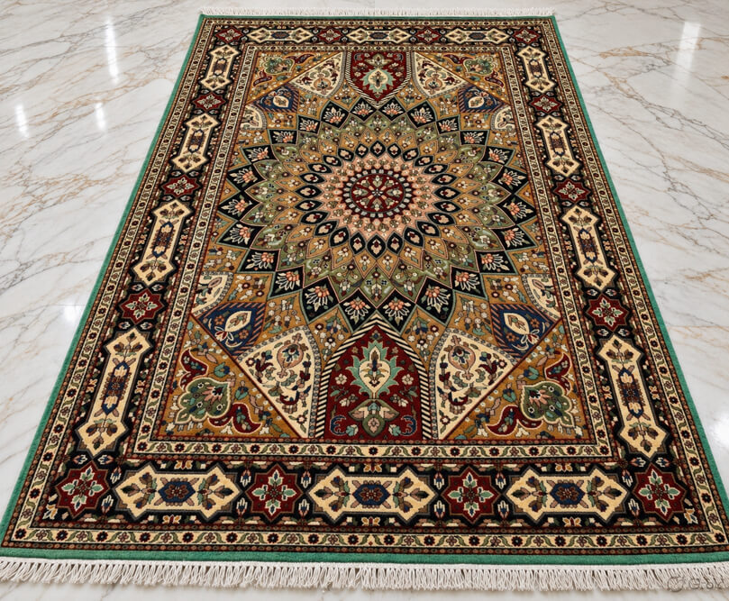 Verdant Crown Persian Gombad wool-silk rug with a sage green background, measuring 6 x 4 feet.