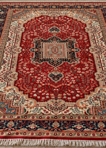 Vermilion Court Kazvin wool-silk rug with a scarlet red background, measuring 6 x 4 feet.