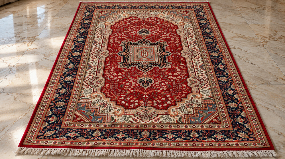 Vermilion Court Kazvin wool-silk rug with a scarlet red background, measuring 6 x 4 feet.